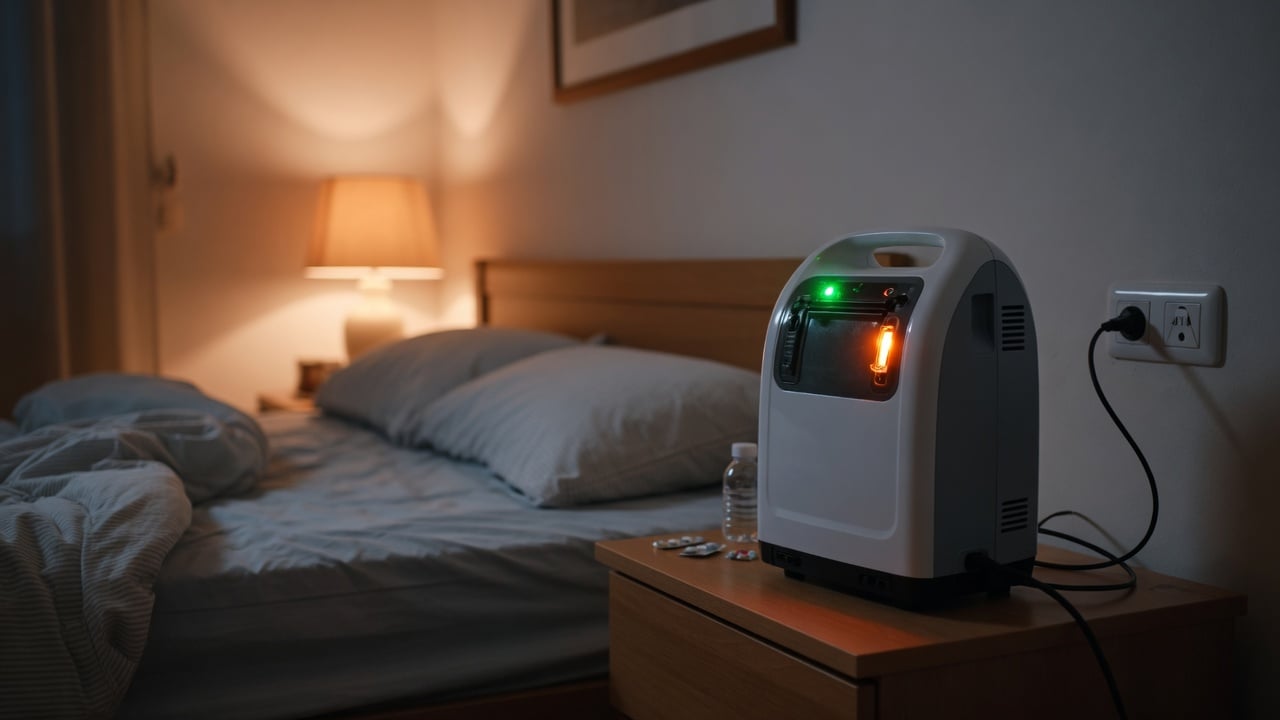 Portable oxygen concentrator plugged into a wall outlet on a bedside nightstand, charging indicator lit overnight