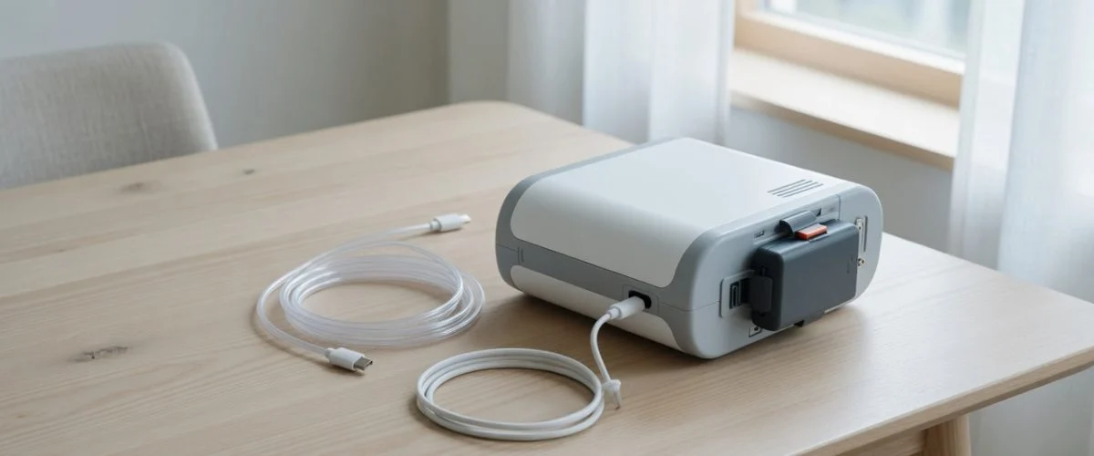 Portable oxygen concentrator on a table with nasal cannula and a removable lithium-ion battery pack on charge
