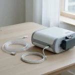 Portable oxygen concentrator on a table with nasal cannula and a removable lithium-ion battery pack on charge