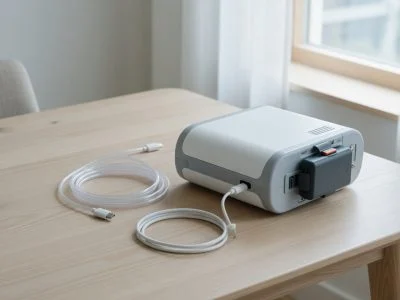 Portable oxygen concentrator on a table with nasal cannula and a removable lithium-ion battery pack on charge