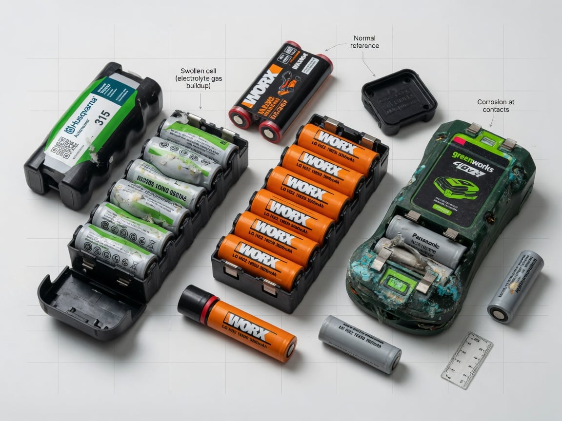 Disassembled robotic mower battery pack showing swollen 18650 lithium-ion cells alongside a normal pack and a corroded one
