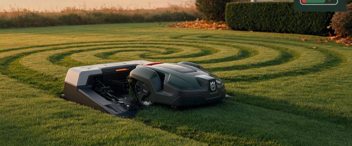 Husqvarna Automower-style robotic lawn mower docked at its charging station on a sunny suburban lawn