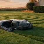 Husqvarna Automower-style robotic lawn mower docked at its charging station on a sunny suburban lawn