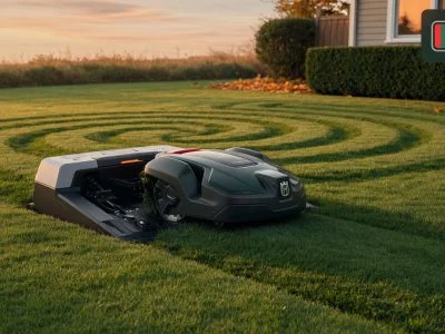 Husqvarna Automower-style robotic lawn mower docked at its charging station on a sunny suburban lawn