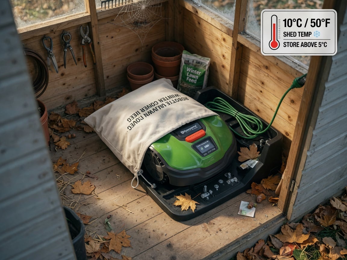 Robotic lawn mower stored over winter in a garden shed at around 10 degrees Celsius with a breathable storage cover