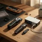 Professional electric hair clippers and a USB charge limiter on the desk