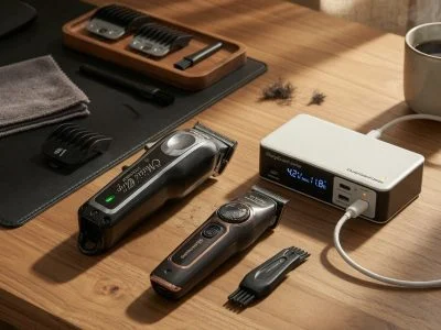 Professional electric hair clippers and a USB charge limiter on the desk