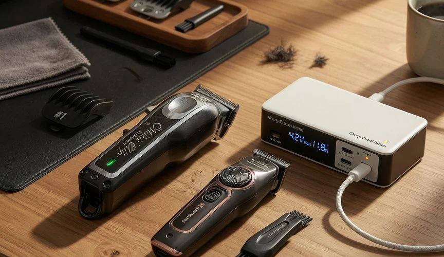 Professional electric hair clippers and a USB charge limiter on the desk