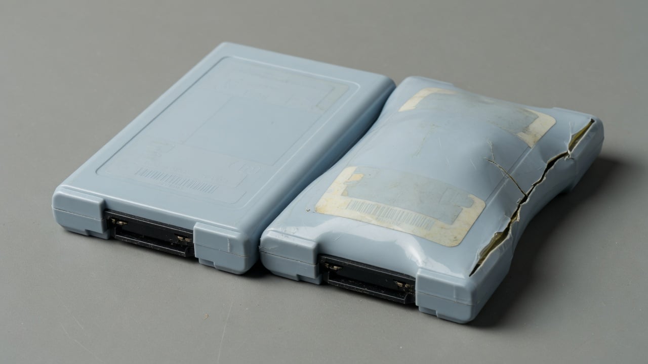 Two portable oxygen concentrator battery packs side by side, one flat and healthy, one swollen and split at the seam