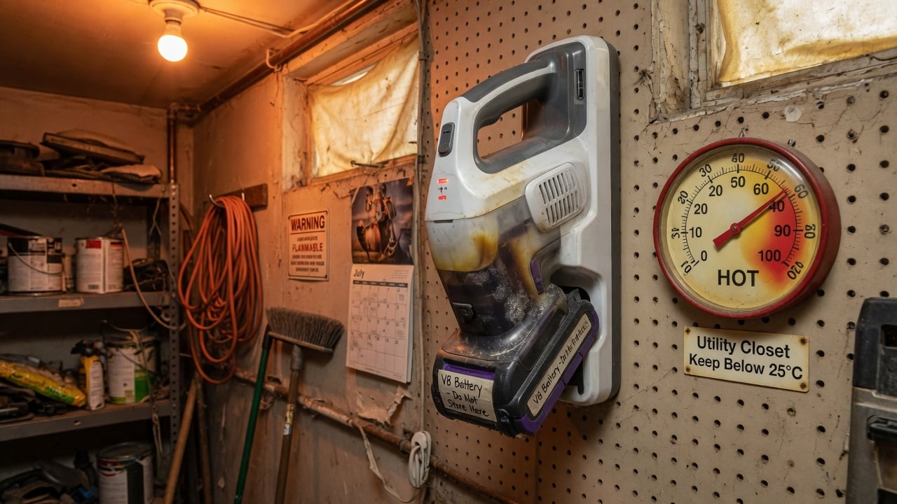 A cordless stick vacuum wall dock mounted in a hot garage utility closet, with a thermometer showing 35 degrees Celsius, illustrating how heat accelerates battery degradation