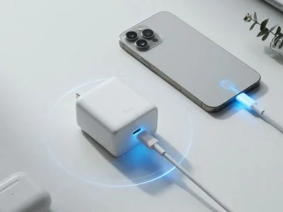A compact white GaN USB-C charger next to a smartphone charging on a clean desk
