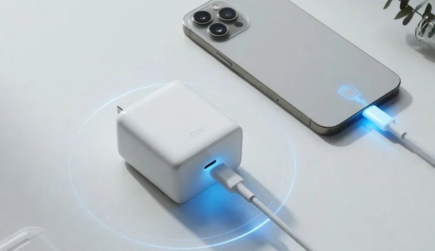 A compact white GaN USB-C charger next to a smartphone charging on a clean desk