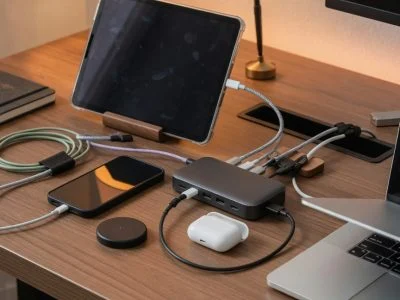 A multi-port USB-C charging station with several devices plugged in on a modern desk