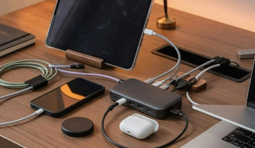 A multi-port USB-C charging station with several devices plugged in on a modern desk