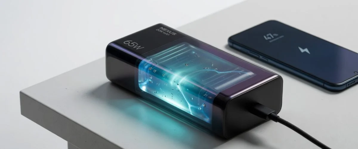 Modern power bank with translucent panel showing a glowing gel-like semi-solid-state battery cell, charging a smartphone via USB-C on a desk