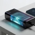 Modern power bank with translucent panel showing a glowing gel-like semi-solid-state battery cell, charging a smartphone via USB-C on a desk
