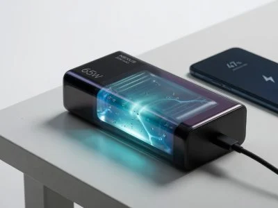 Modern power bank with translucent panel showing a glowing gel-like semi-solid-state battery cell, charging a smartphone via USB-C on a desk