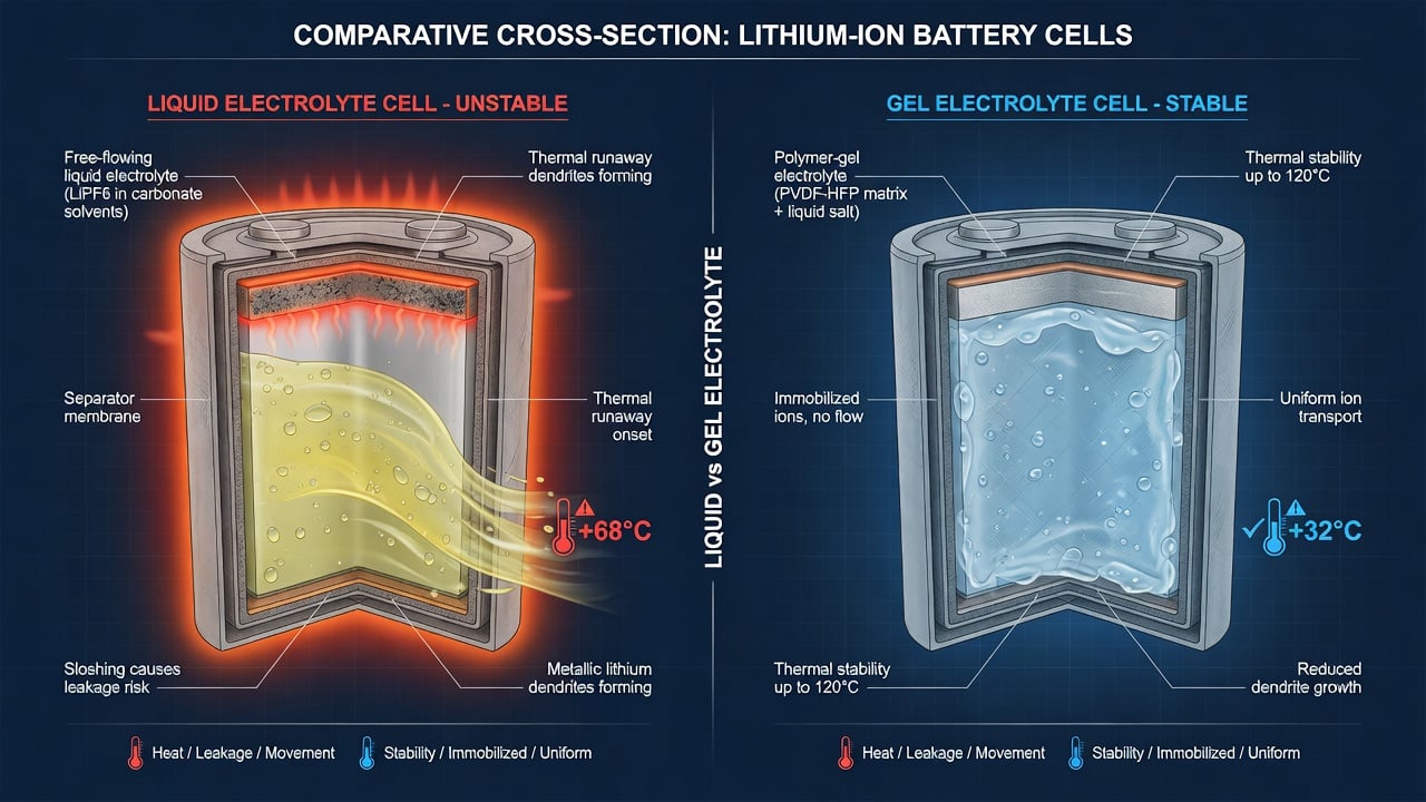 Cutaway diagram comparing a conventional liquid electrolyte lithium battery cell showing heat risk against a semi-solid-state gel electrolyte cell showing improved thermal stability