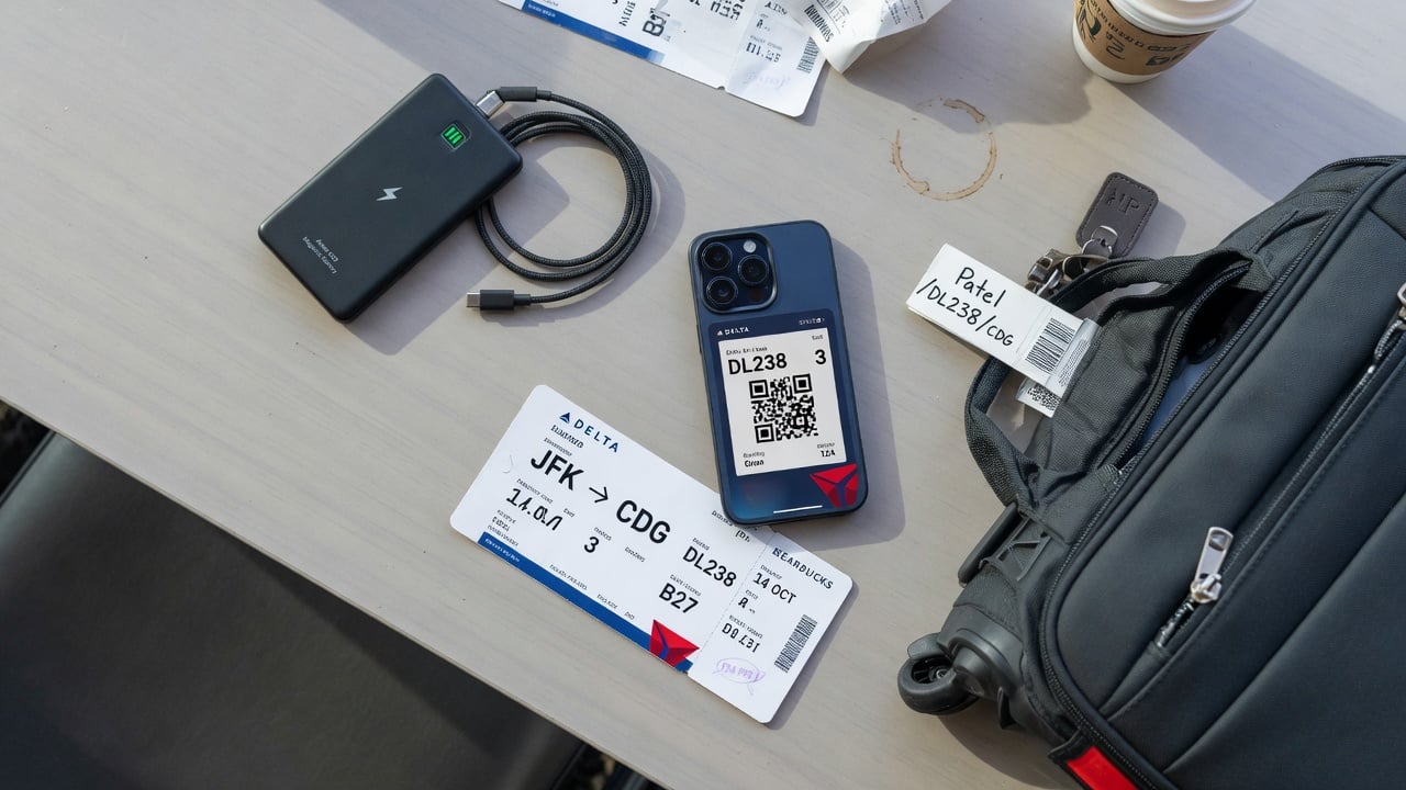 Thin magnetic power bank laid flat next to a smartphone, boarding pass, and carry-on bag pocket, illustrating travel-friendly power bank packing