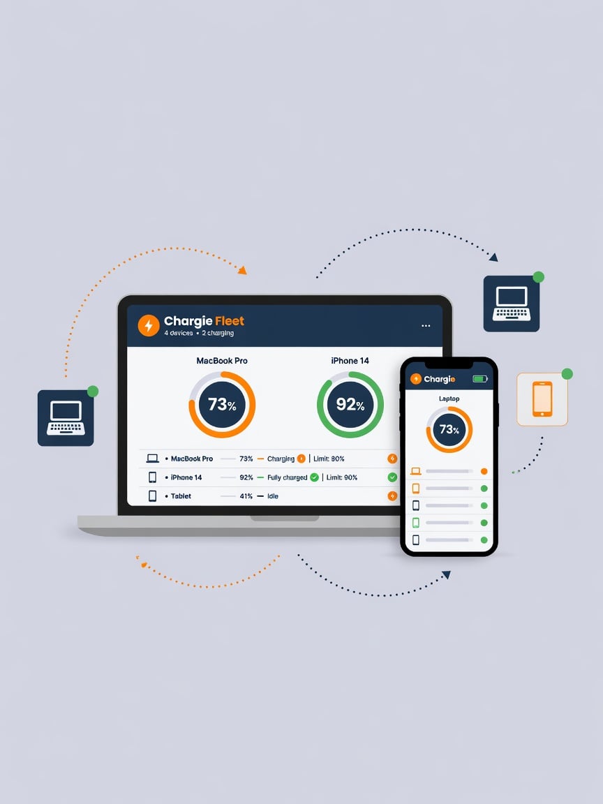Chargie Fleet dashboard showing multiple devices' battery levels on laptop and phone