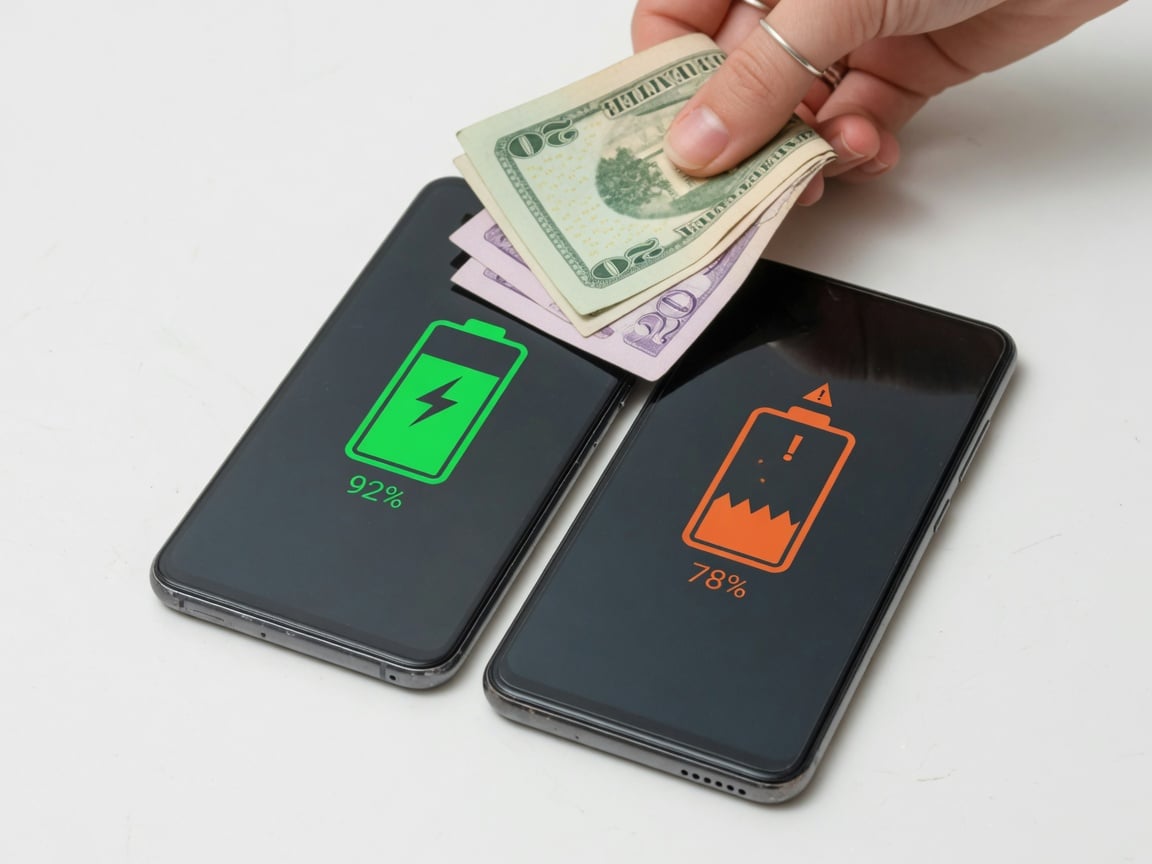 Two identical used phones, one with healthy battery and one with degraded battery, showing the resale value gap