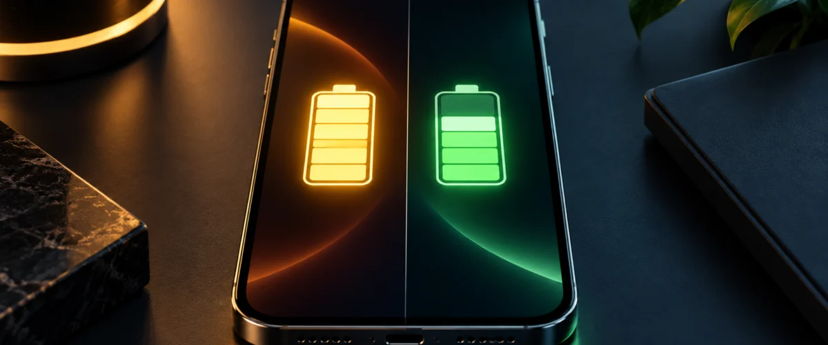 A smartphone on a dark minimalist surface with a glowing battery indicator showing 80% charge, illustrating the 80% rule for battery health