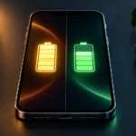 A smartphone on a dark minimalist surface with a glowing battery indicator showing 80% charge, illustrating the 80% rule for battery health
