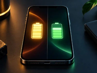 A smartphone on a dark minimalist surface with a glowing battery indicator showing 80% charge, illustrating the 80% rule for battery health