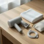 Cordless hair dryer on a light oak dressing table beside a folded towel, travel pouch and USB-C cable