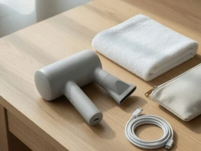 Cordless hair dryer on a light oak dressing table beside a folded towel, travel pouch and USB-C cable