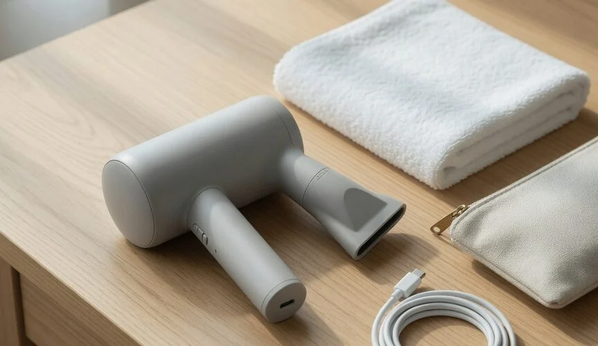 Cordless hair dryer on a light oak dressing table beside a folded towel, travel pouch and USB-C cable