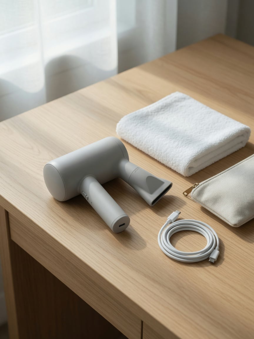 Cordless hair dryer on a light oak dressing table beside a folded towel, travel pouch and USB-C cable