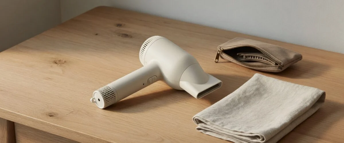 Cordless hair dryer on a dry wooden dressing table beside a towel and travel pouch.