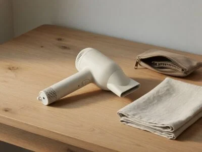 Cordless hair dryer on a dry wooden dressing table beside a towel and travel pouch.
