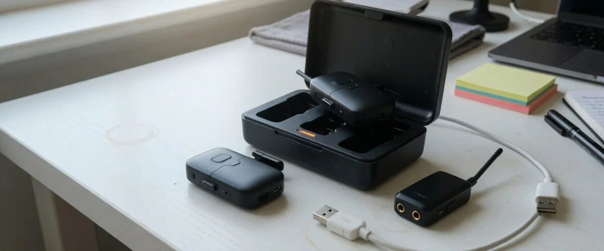 Wireless microphone kit and charging case on a recording desk