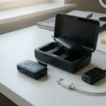 Wireless microphone kit and charging case on a recording desk
