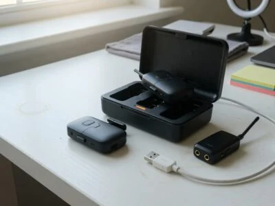 Wireless microphone kit and charging case on a recording desk