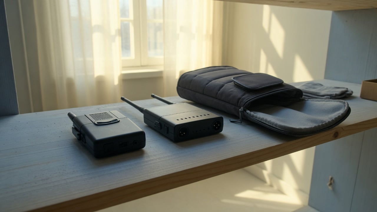 Wireless microphone equipment stored on a shaded shelf