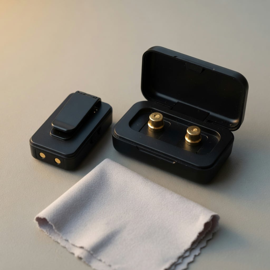 Wireless microphone and charging case beside a dry cleaning cloth