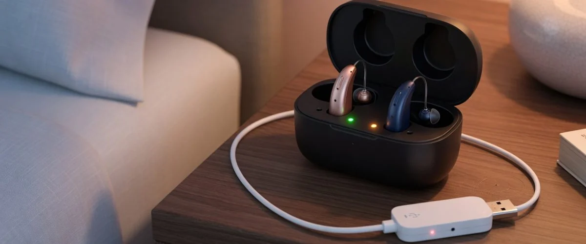 Rechargeable hearing aids in an open charging case with a USB-C charge limiter inline