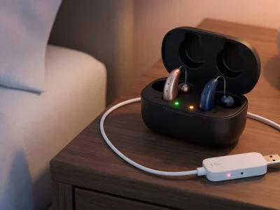 Rechargeable hearing aids in an open charging case with a USB-C charge limiter inline