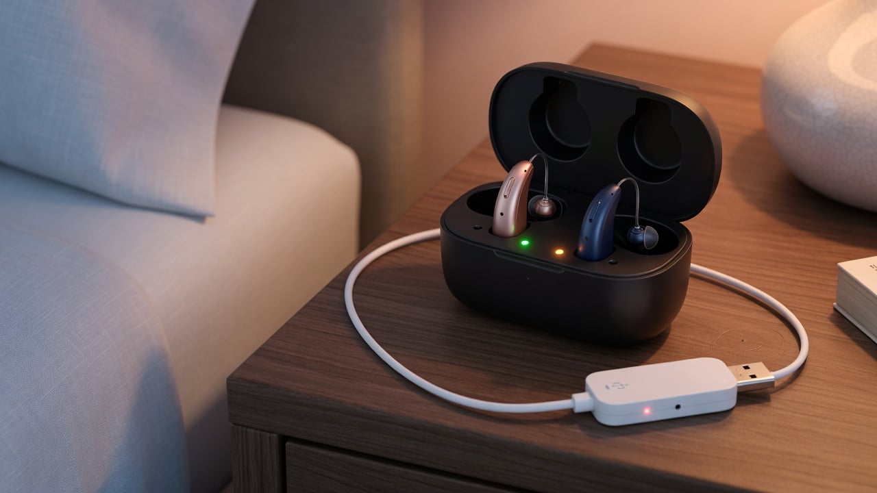 Rechargeable hearing aids in an open charging case with a USB-C <a href=