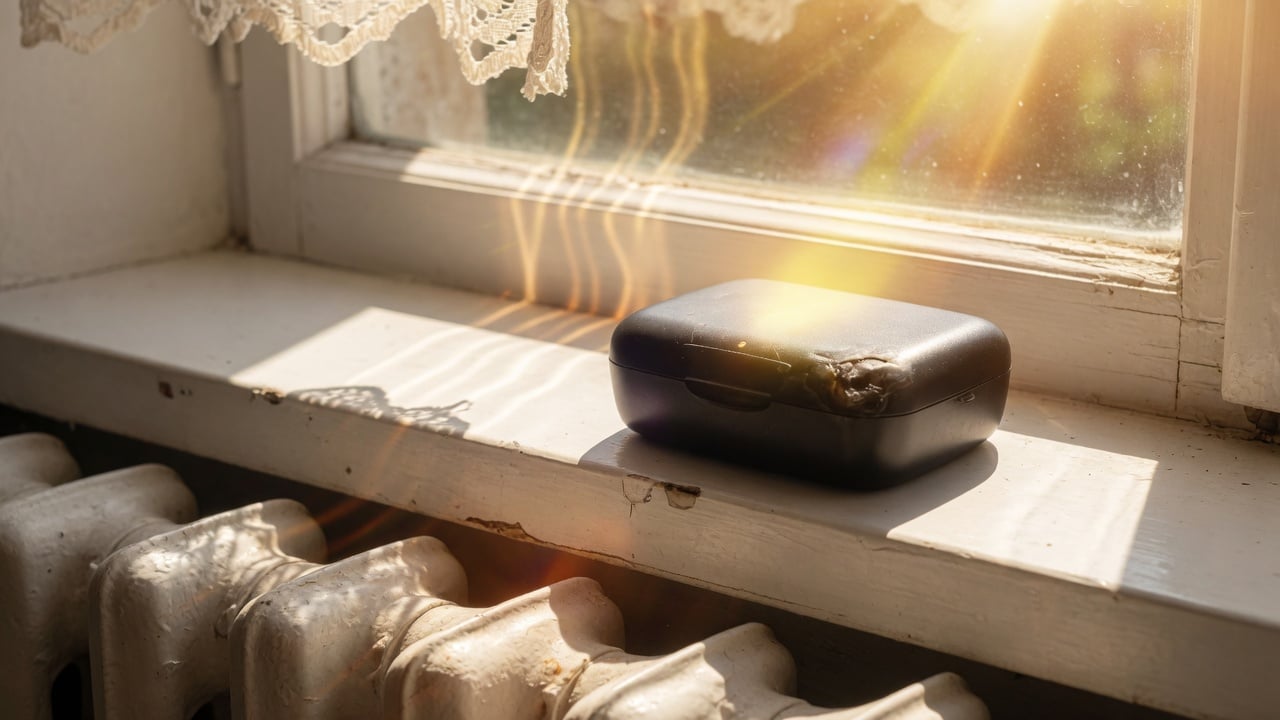 A hearing aid charging case sitting in direct sunlight on a windowsill above a radiator