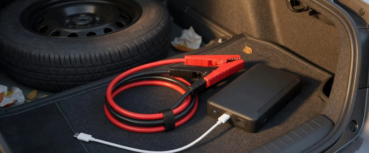 Compact lithium car jump starter pack in an open car trunk with jumper clamps and a USB-C cable plugged into its charging port