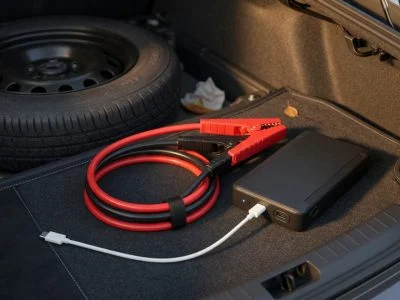 Compact lithium car jump starter pack in an open car trunk with jumper clamps and a USB-C cable plugged into its charging port