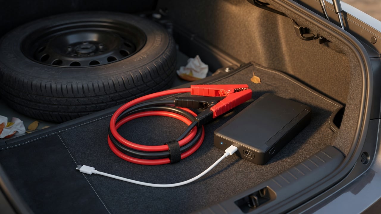 Compact lithium car jump starter pack in an open car trunk with jumper clamps and a USB-C cable plugged into its charging port