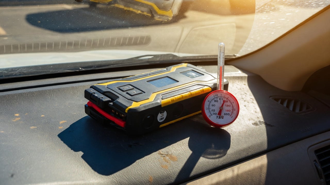 Portable lithium jump starter lying on a car dashboard in direct summer sunlight with a thermometer showing a high temperature