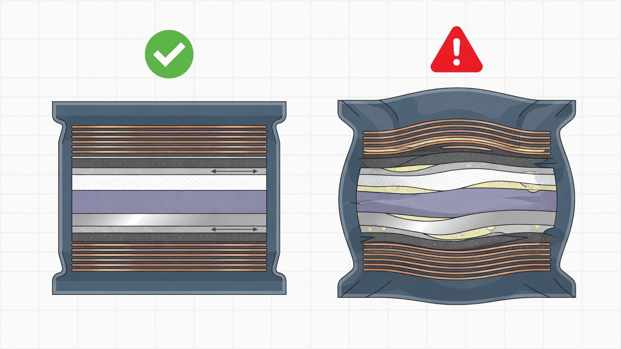 Cross-section comparison of a flat healthy lithium polymer pouch cell next to a visibly swollen puffed cell with separated layers