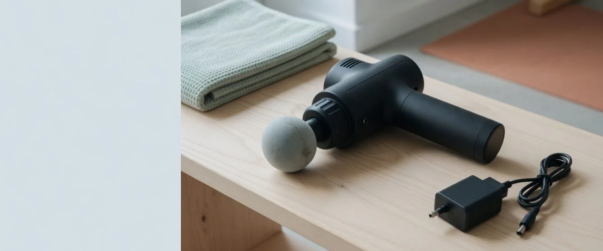 Illustration of a massage gun resting on a shelf beside its disconnected charger