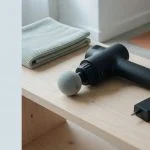 Illustration of a massage gun resting on a shelf beside its disconnected charger
